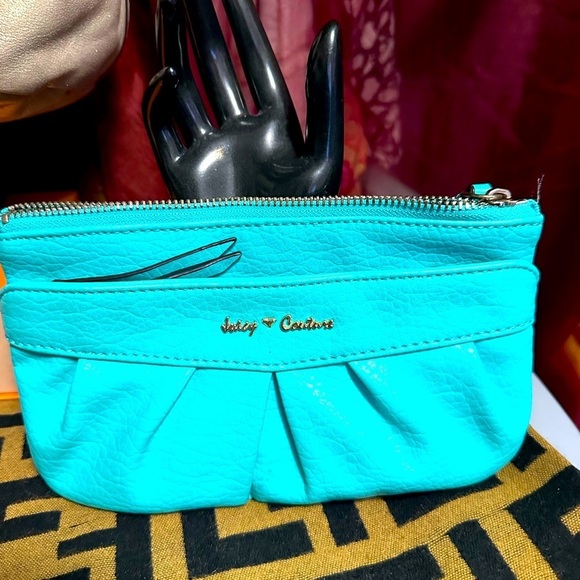 JUICY COUTURE Turquoise Pouch w/Golden Detailing and Wristlet Strap, EUC - Picture 1 of 6